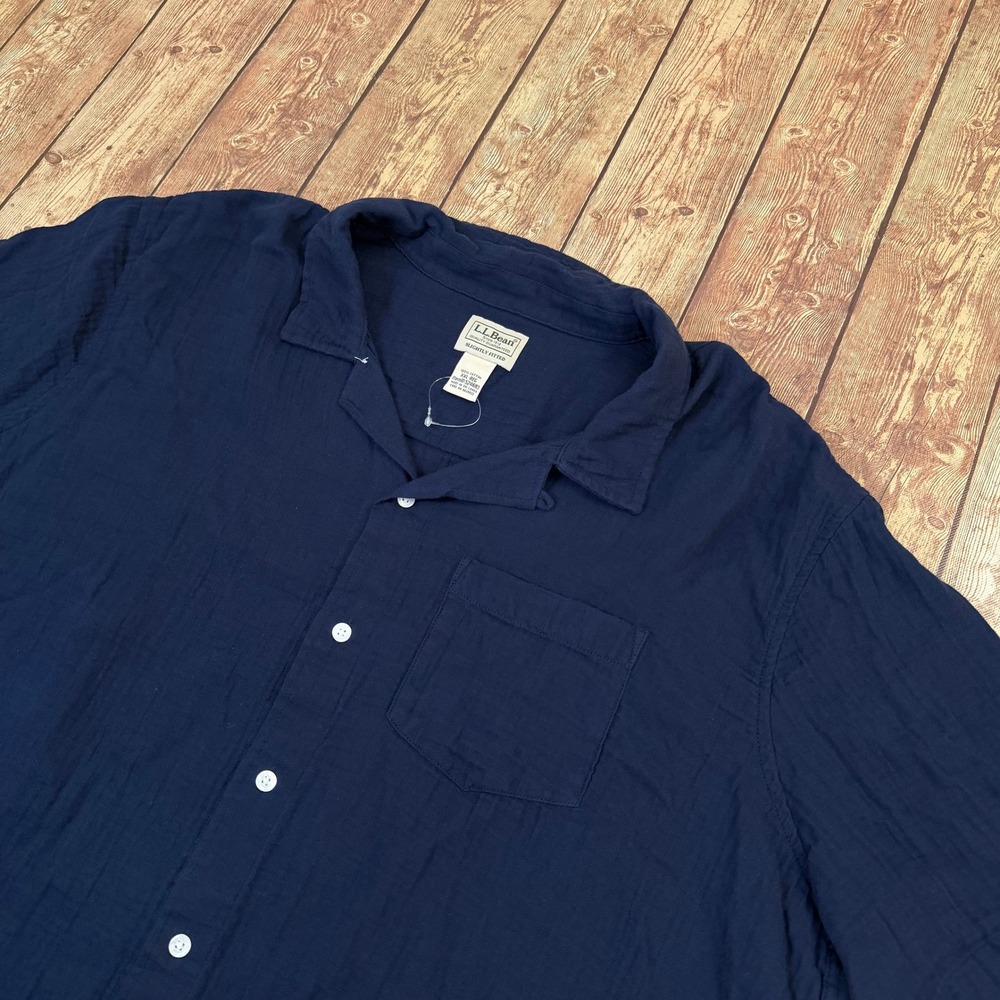 LL Bean Slightly Fitted Camp Shirt Mens XXL Navy Blue Cotton Short Sleeve